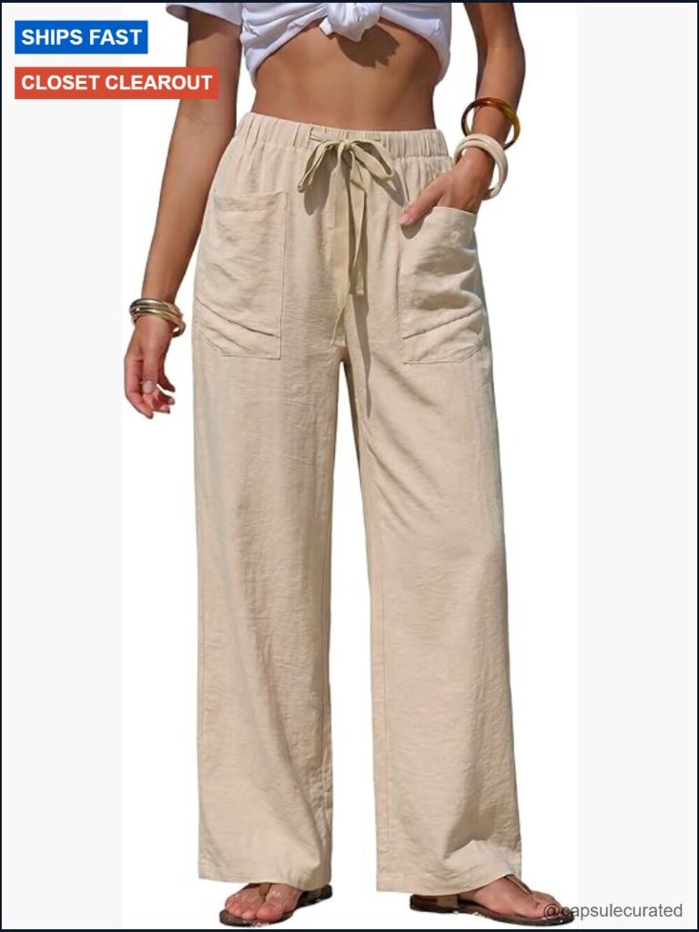 Faux Linen Wide Leg Palazzo Pants with Pockets Drawstring Elastic Waist Summer
